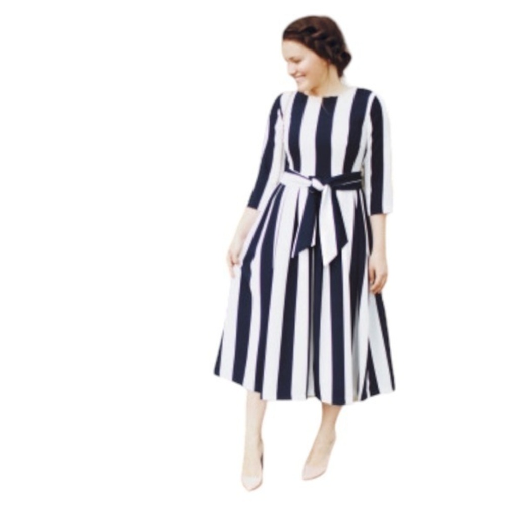 Dainty Jewells Bon Voyage Striped Fit To Flare Midi Dress in White & Blue